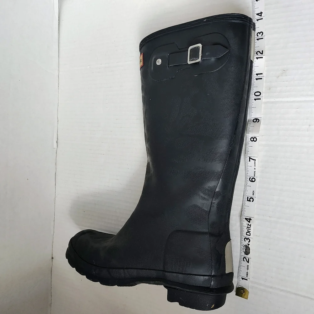 RARE Hunter Matte Dark Navy Leopard Print Faux Shearling Lined Tall Boots Sz 37